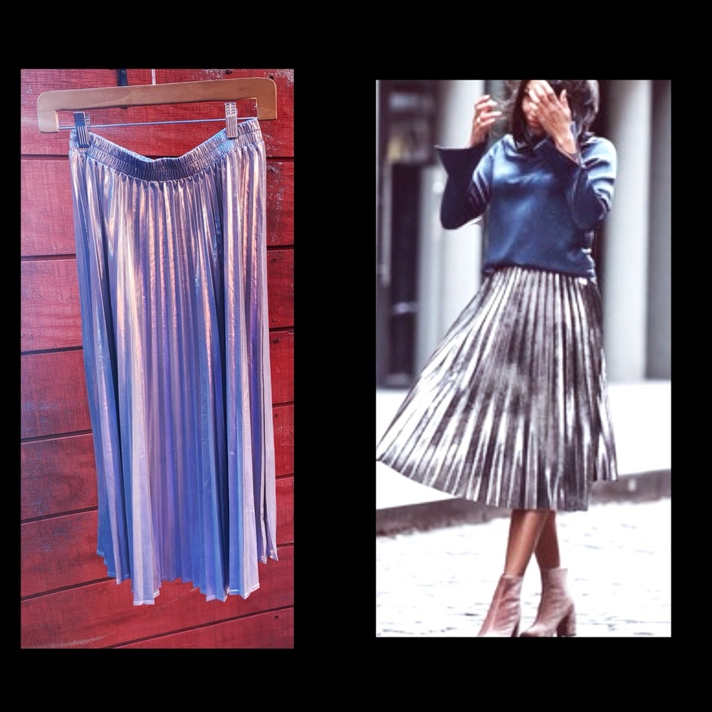 Silver iridescent pleated mid-length skirt